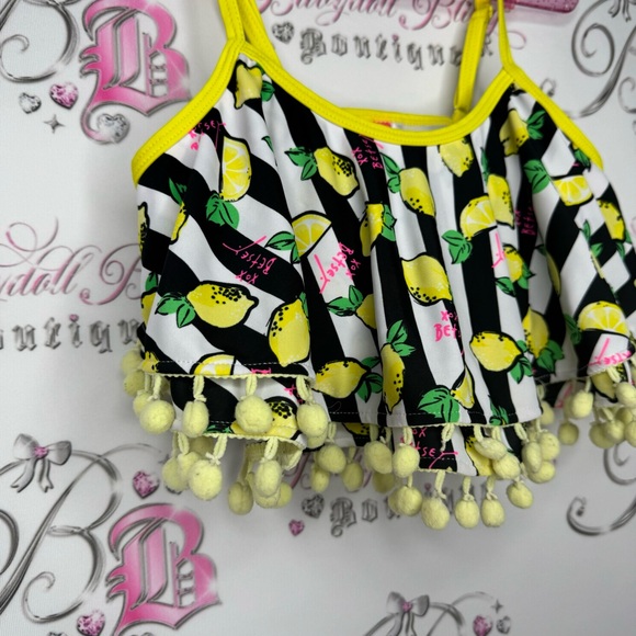 Betsy Johnson bikini top ruffle frilly Pom Pom trim Lemons π striped pink - Picture 5 of 12